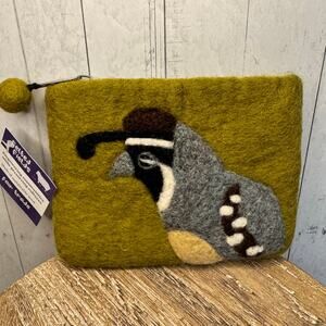 Felted Wool Green Wallet Pouch California Quail Makeup Bag New FAST SHIP